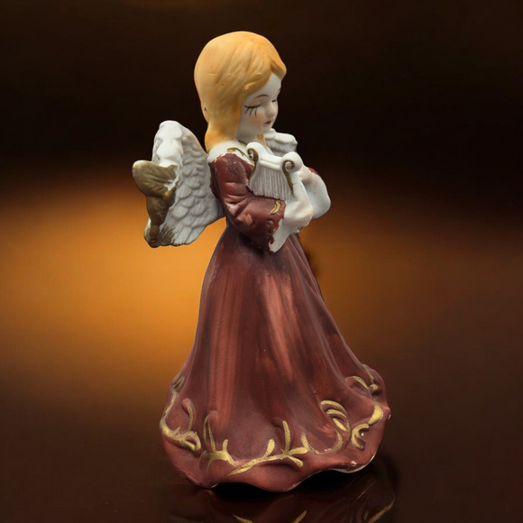 Hand-Painted Tearful Bisque Porcelain Angel with Harp Vintage Rotating Music Box - Picture 7 of 13